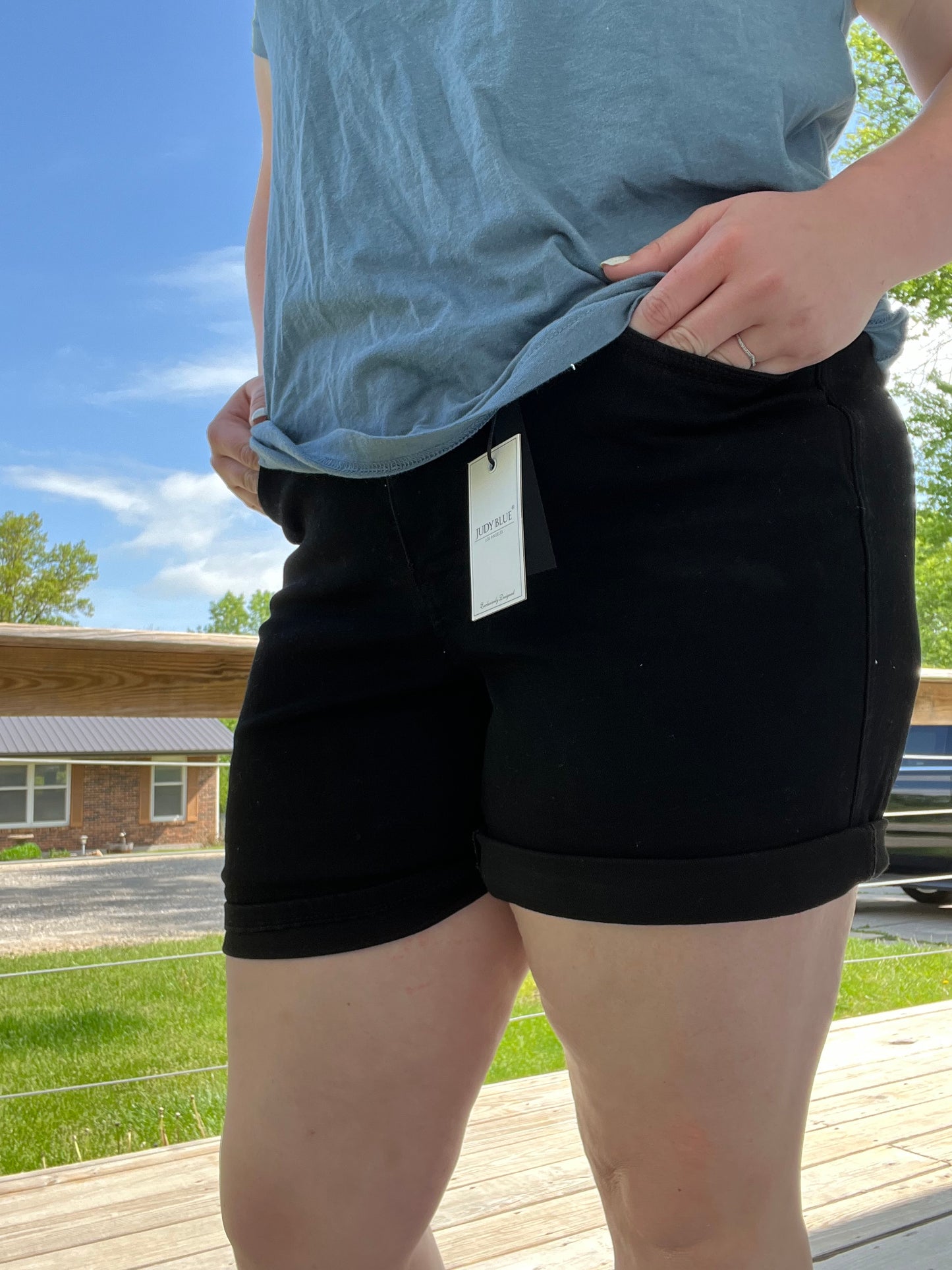 Mid Rise Black Denim Tummy Control Shorts